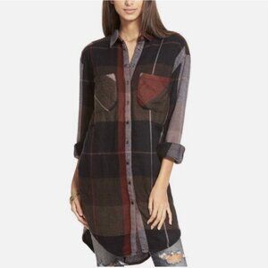 Free People Street Talk Plaid Shirt Dress Autumn Size Medium Red Brown Grey